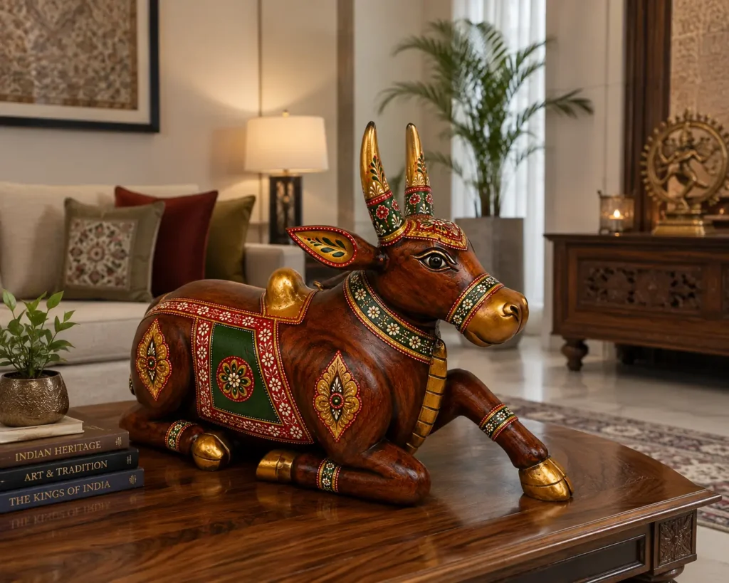 Wooden Nandi Figurines for Interior Design: Classic Beauty with a Contemporary Flare 4 wooden nandi in living room