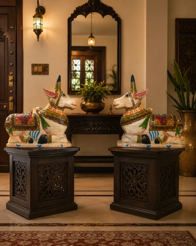 Wooden Nandi Figurines for Interior Design: Classic Beauty with a Contemporary Flare 6 wooden nandi pair on entry foyer