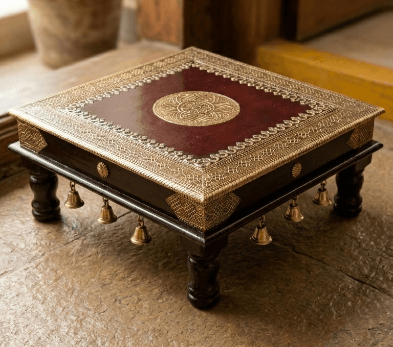 Brass-Fitted Wooden Handicrafts: The Ultimate Guide to Luxury Indian Decor 7 chowki bajot e1789411429912