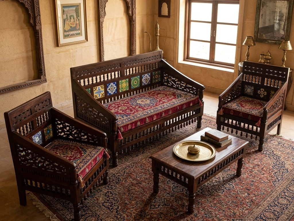 Handcrafted Wooden Furniture in Jodhpur: Top 10 Picks to Elevate Your Home (2026 Guide) 2 handcarved wooden sofa set edited