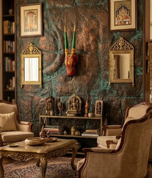 How to Choose the Perfect Rajasthani Handcrafted Home Decor for Your Living Room 14 handcrafted bull head placement in a drawing room 2