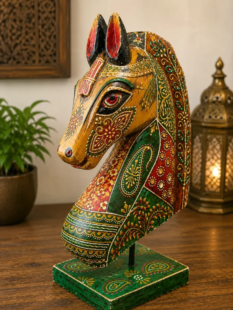 Handpainted Wooden Handicrafts for Traditional Home Decor 11 Handcrafted Rajasthani wooden horse head sculpture with intricate hand-painted floral artwork and premium solid wood finish, displayed as a luxury tabletop décor piece for modern and heritage interiors.