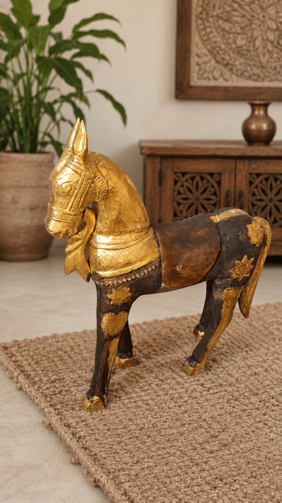 Brass-Fitted Wooden Handicrafts: The Ultimate Guide to Luxury Indian Decor 2 wooden handcrafted standing horse statue made by krishna art and craft jodhpur