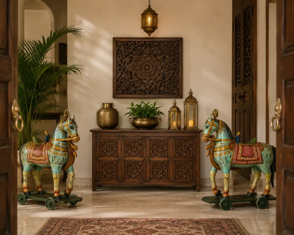 Handpainted Wooden Handicrafts for Traditional Home Decor 18 handpainted handcrafted wooden horse statue pair on entryway