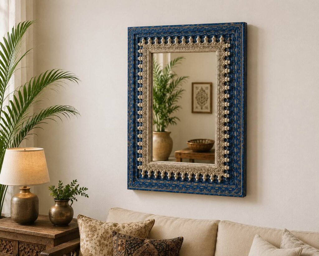 Handcrafted Carved Wooden Wall Mirror for Living Room | Krishna Art & Craft handicraft wooden mirror frames for modern homes