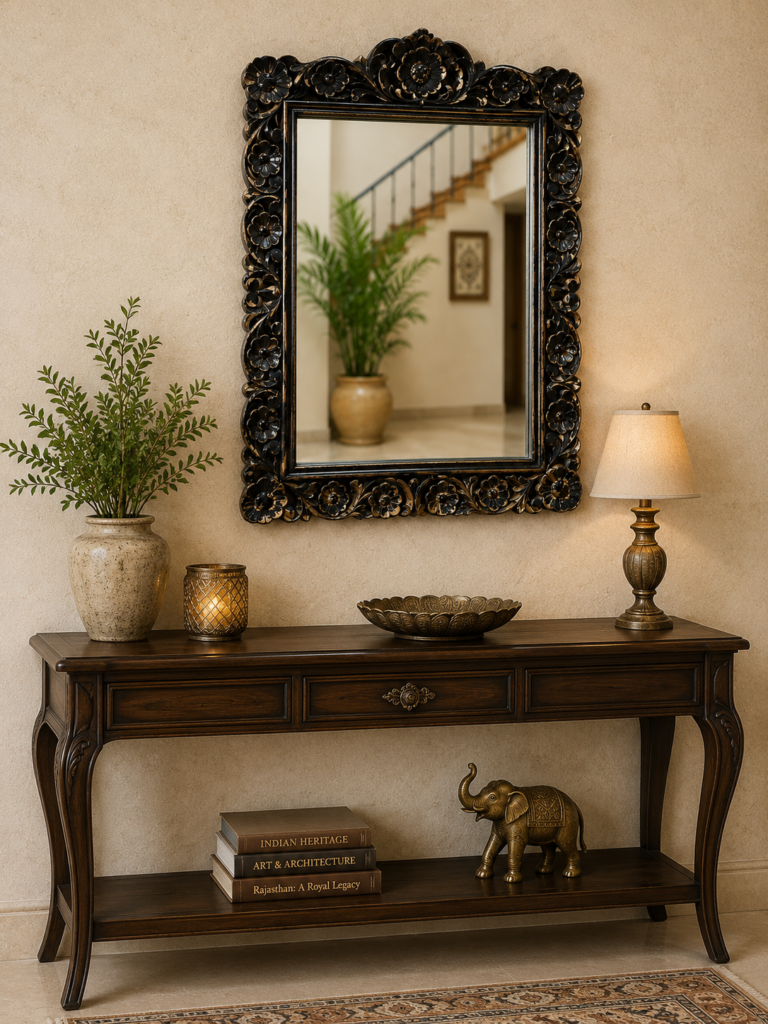 Handcrafted Carved Wooden Wall Mirror for Living Room | Krishna Art & Craft Traditional Carved Wooden Wall Mirror for Home Décor