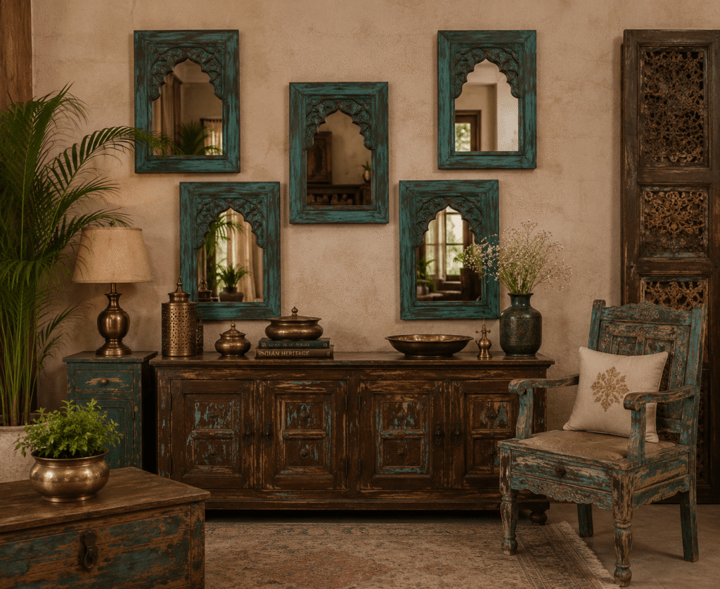 Handpainted Wooden Handicrafts for Traditional Home Decor 33 mirror frames with vintage style old wood furniture