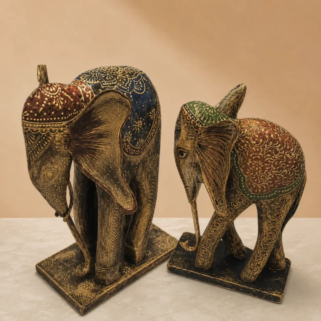 How UK Retailers Can Source Premium Wooden Elephant Decor from India: A Complete Buying Guide (2026) 11 Antique-finished handcrafted wooden elephant figurines with traditional Indian painted detailing