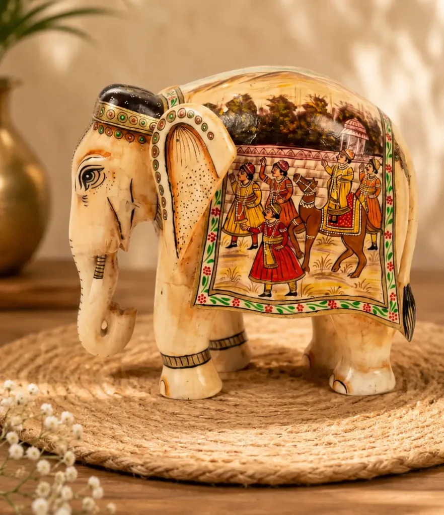 contemporary elephant decor with mughal painting Modern wooden elephant sculpture with contemporary design for home decor
